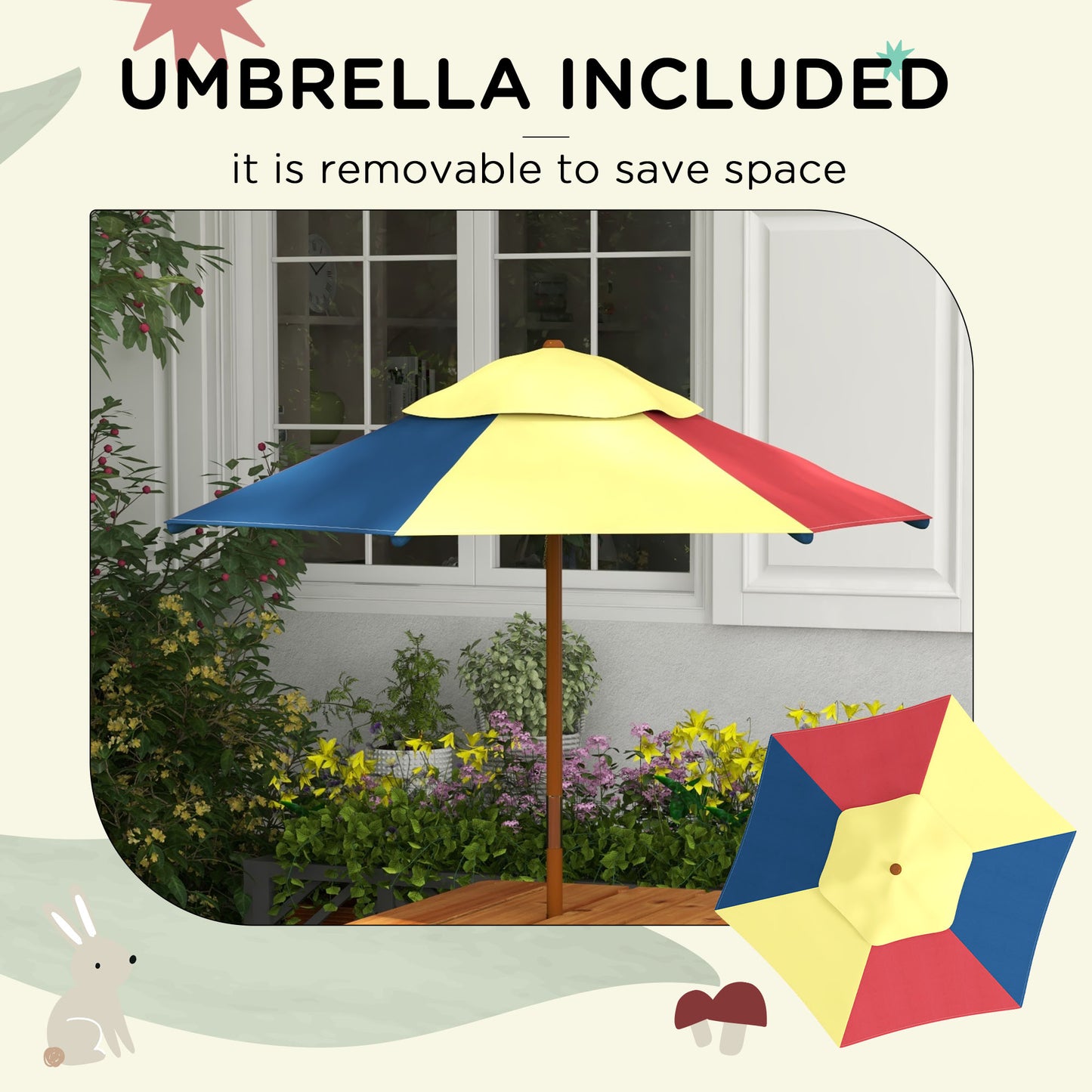 Kids Picnic Table Set, 3 in 1 Sand Pit Activity Table, Kids Garden Furniture w/ Removable Parasol, for 3-6 Years