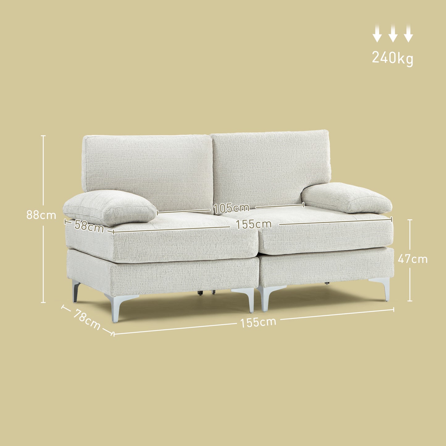 Elegant 2-Seater Modern Loveseat – Cream White with Sleek Metal Legs & Plush Spring Cushioning