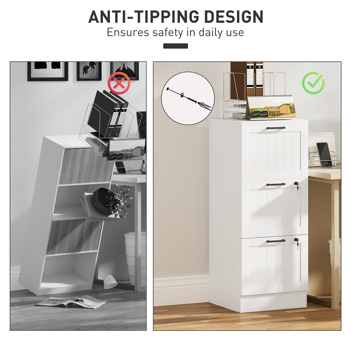 3 Drawer File Cabinet with Lock and Adjustable Hanging Bars, White