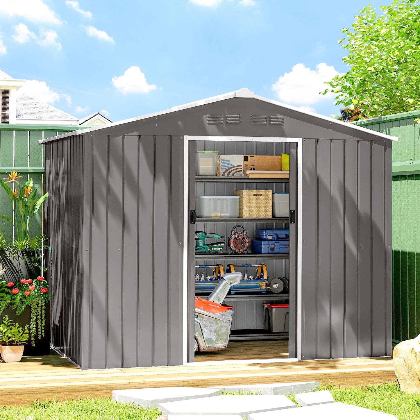 8 x 6ft Garden Storage Shed with Double Door, Light Grey