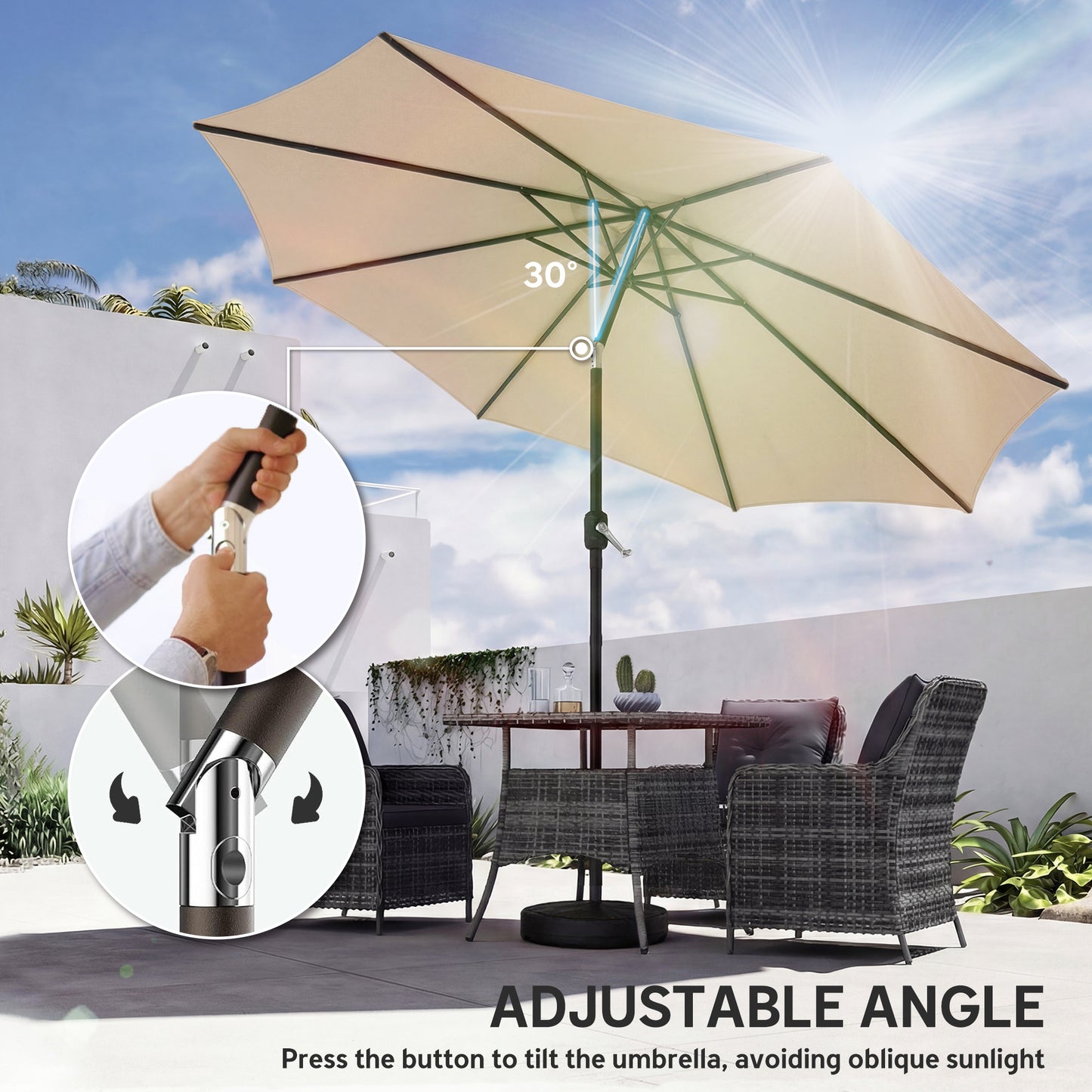 2.7 m Garden Parasol Umbrella with Cross Base, Sandbag, Khaki