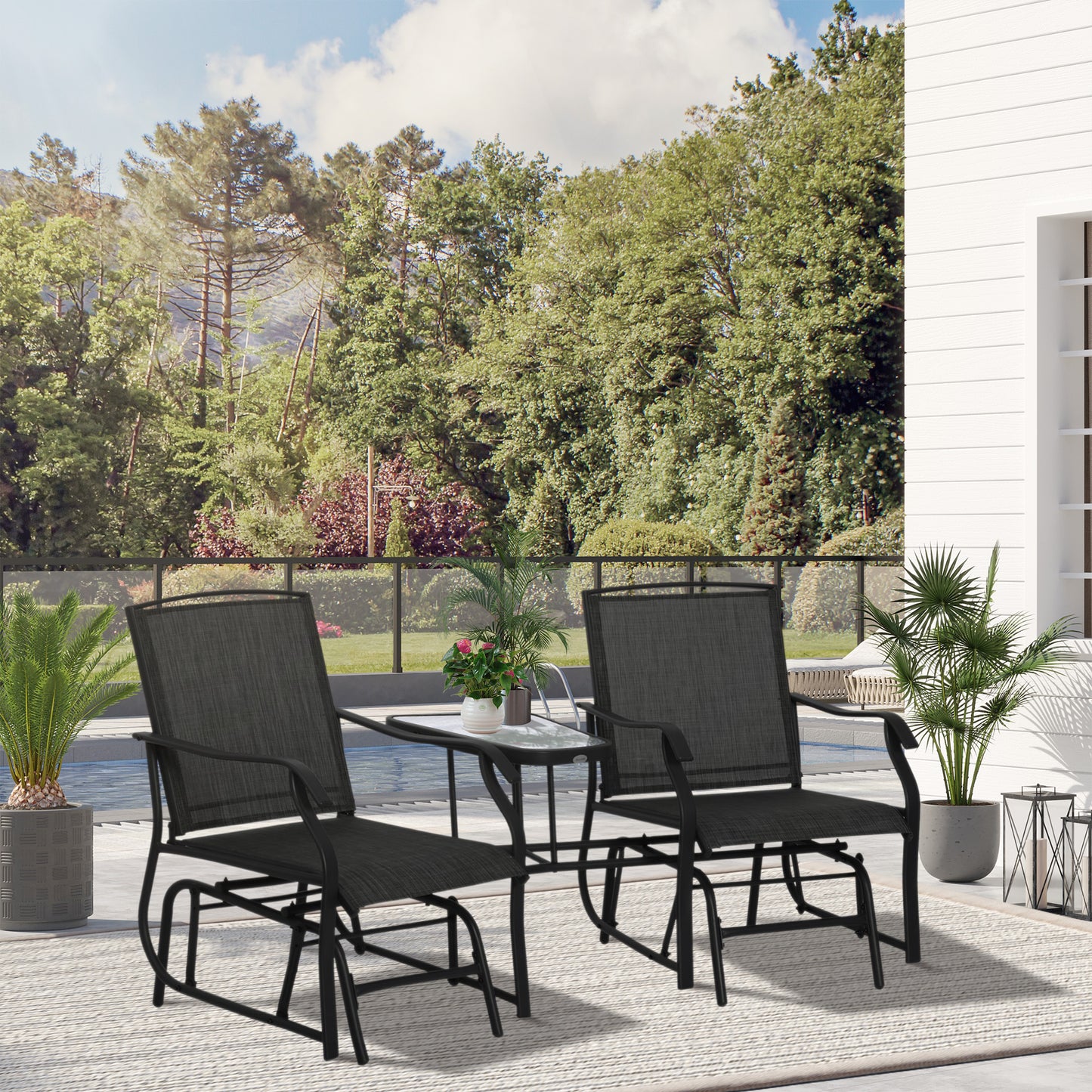Double Glider Companion Rocking Chairs Loveseat Garden Table Black