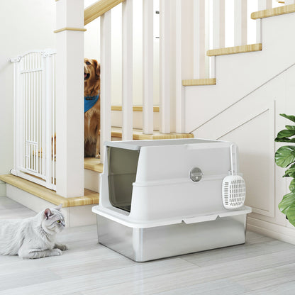 Extra Large Stainless Steel Cat Litter Tray with Scoop, Flip Top