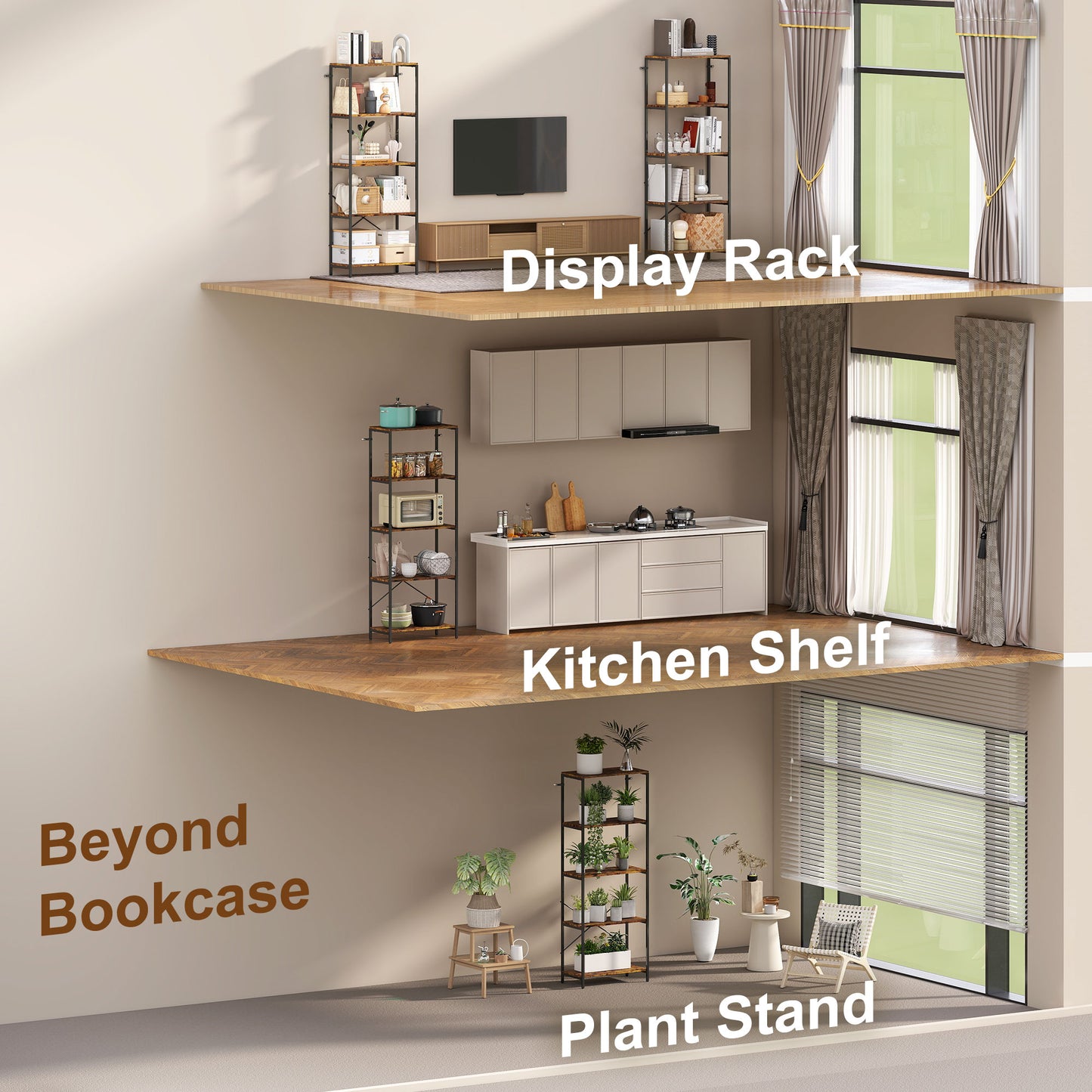 Industrial Bookshelf, Freestanding Bookcase, Rustic Brown and Black