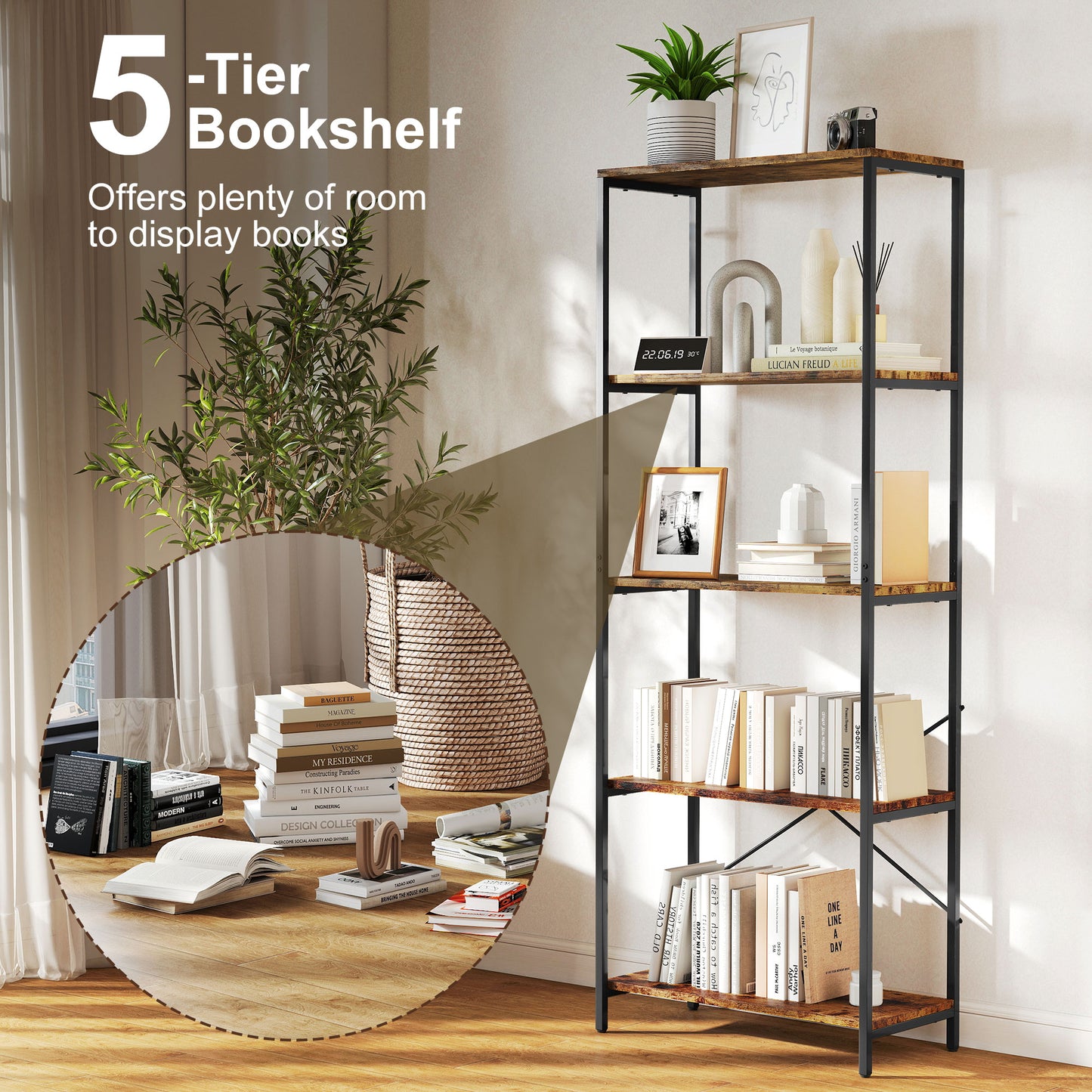 Industrial Bookshelf, Freestanding Bookcase, Rustic Brown and Black