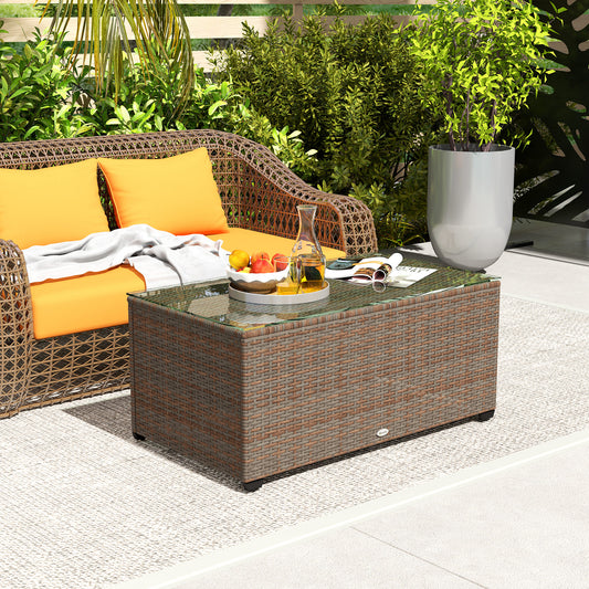 Outdoor Coffee Table, Glass Top Rattan Side Table, Brown