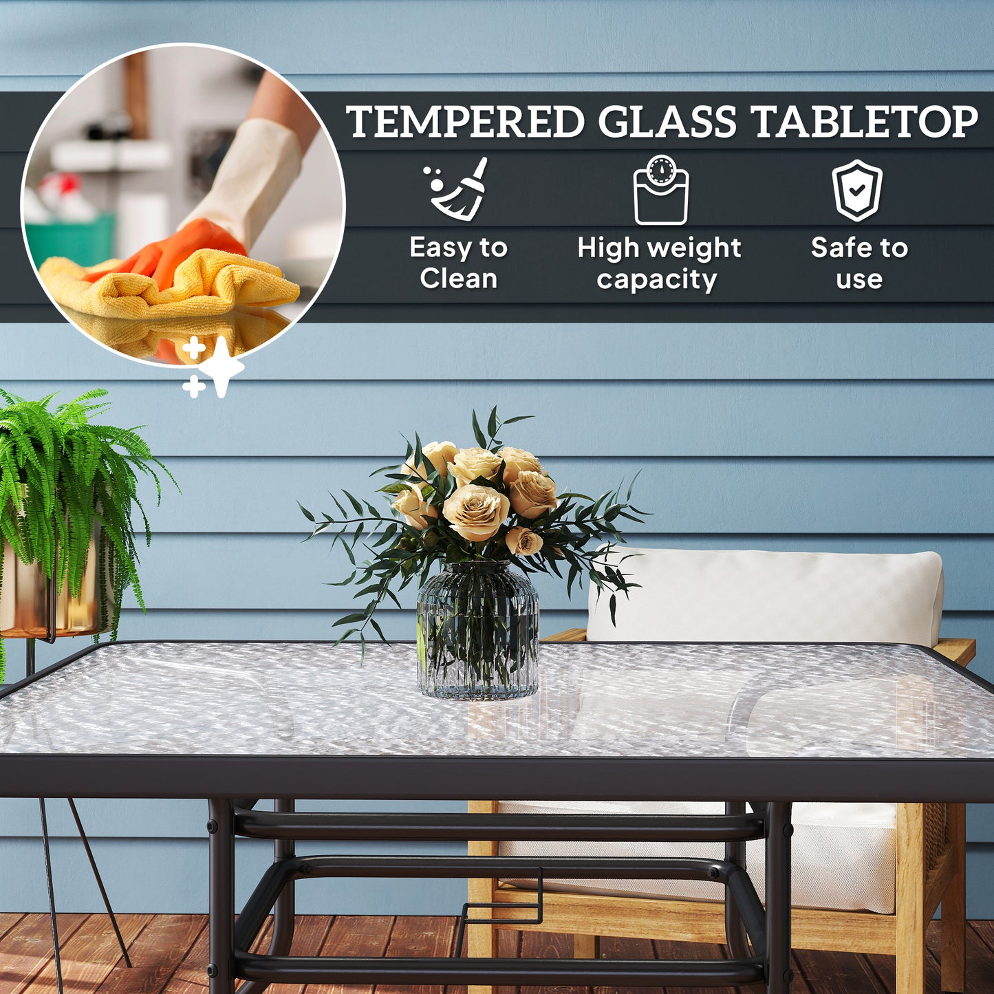 Square Patio Table, Glass Top Garden Dining Table 100 x 100cm