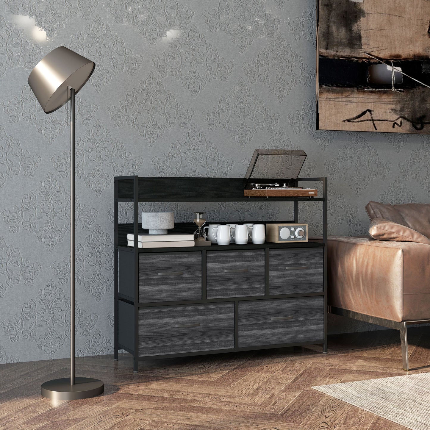 Bedroom Chest of Drawers 5 Drawer Dresser w/ Shelves, Black