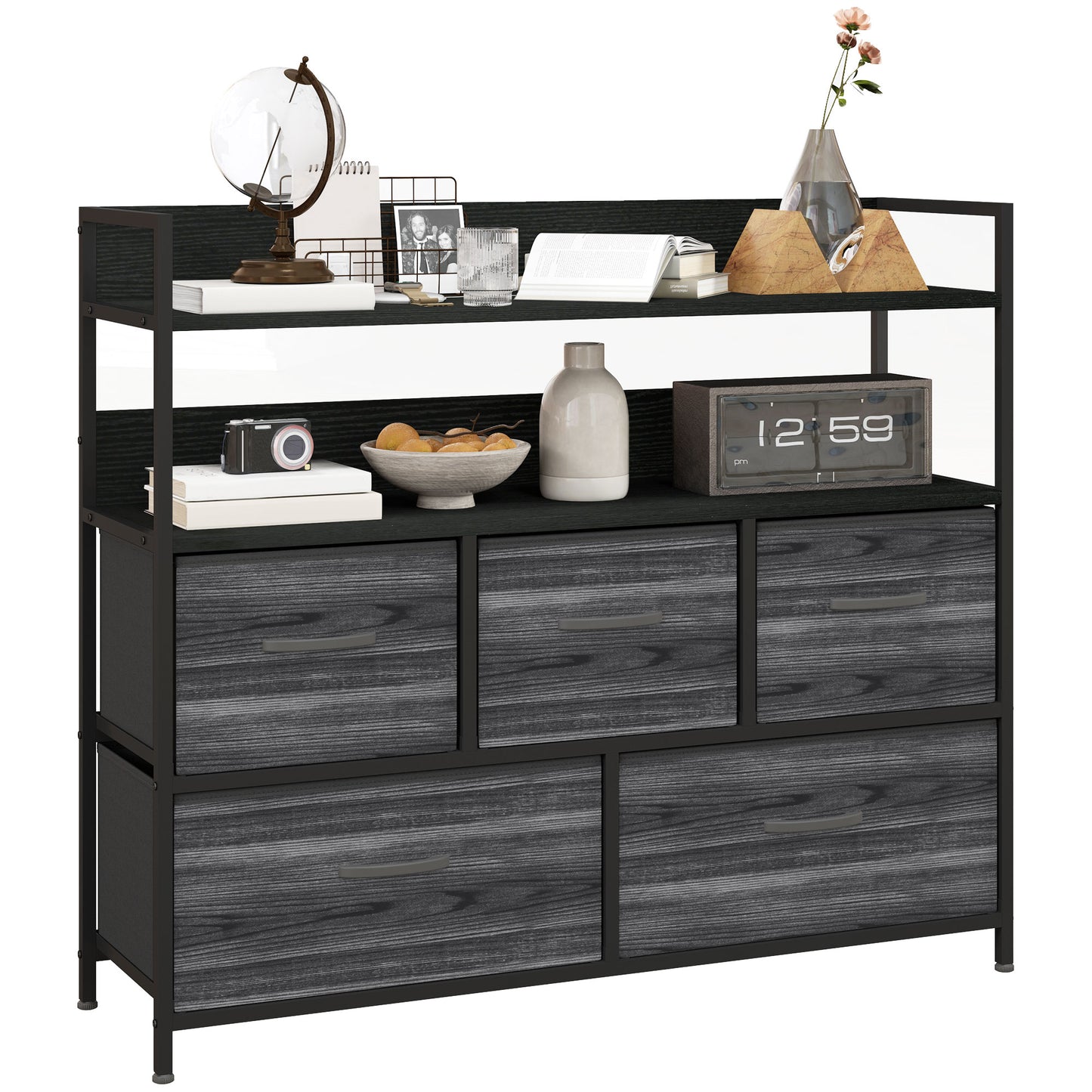 Bedroom Chest of Drawers 5 Drawer Dresser w/ Shelves, Black