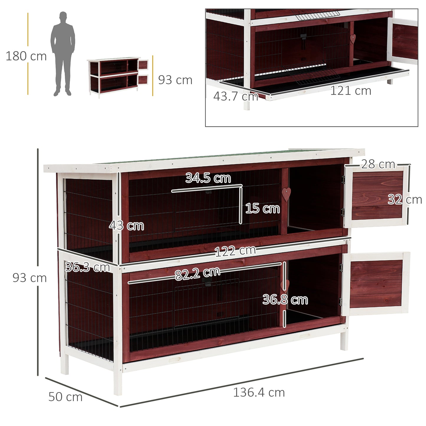 2 Tier Wooden Rabbit Hutch Guinea Pigs Hutch Small Pet Animal Ferret Bunny House Cage for Indoor and Outdoor 136.4x50x93cm
