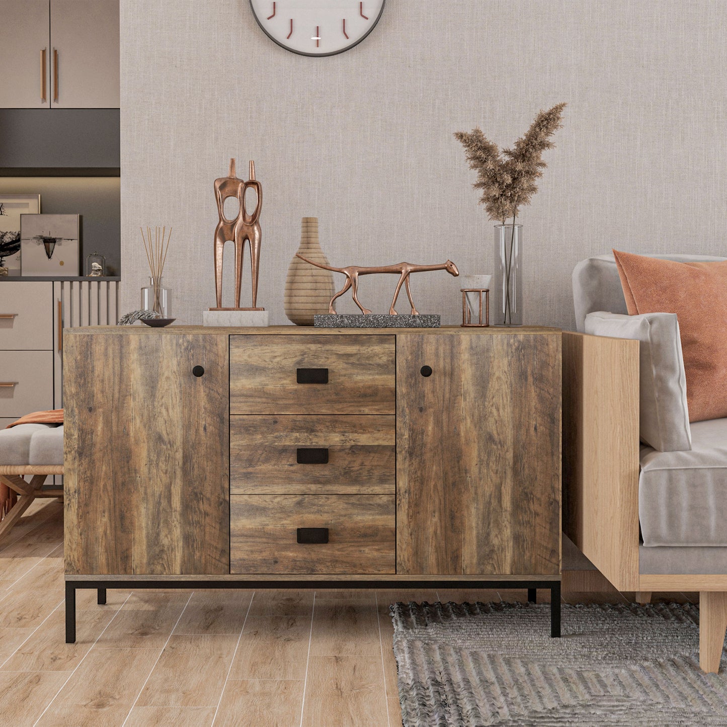 Industrial Sideboard, Storage Cabinet, Accent Cupboard Distressed Brown