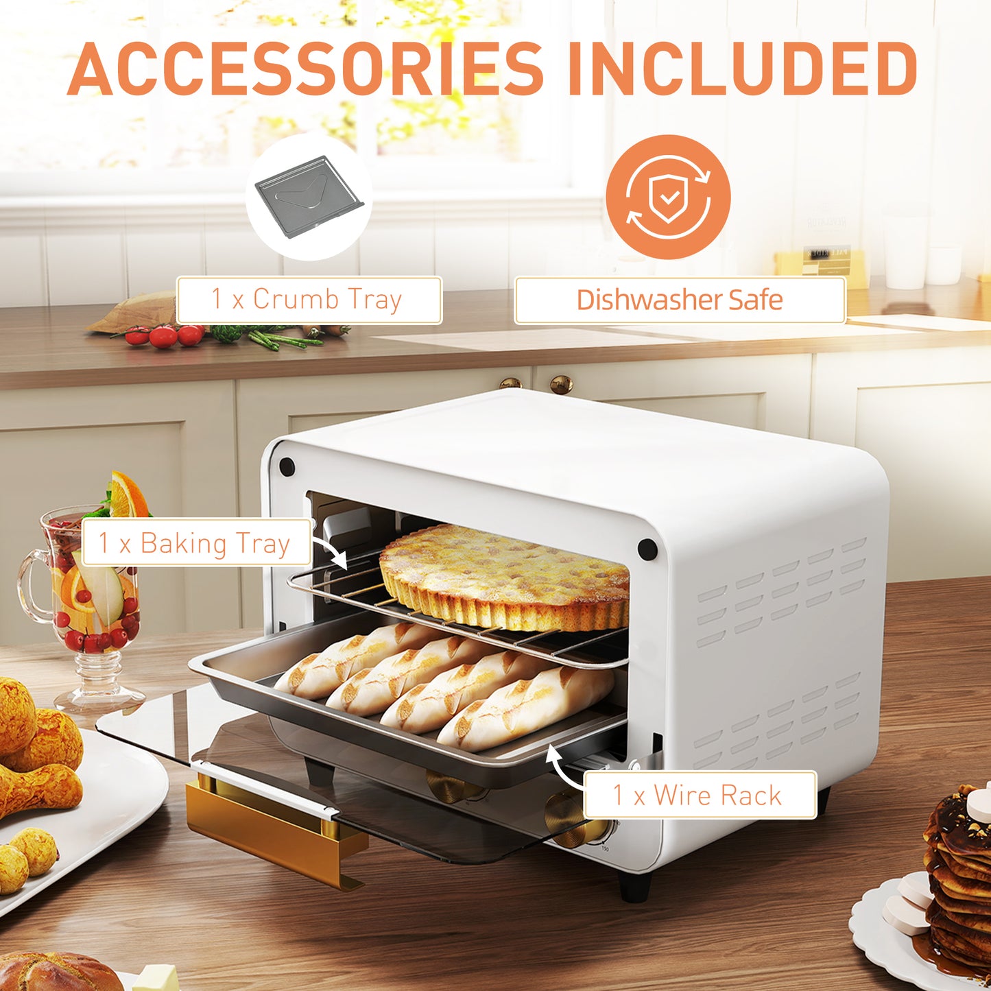 Small Toaster Oven, 12L Mini Countertop Oven with Glass Door, White