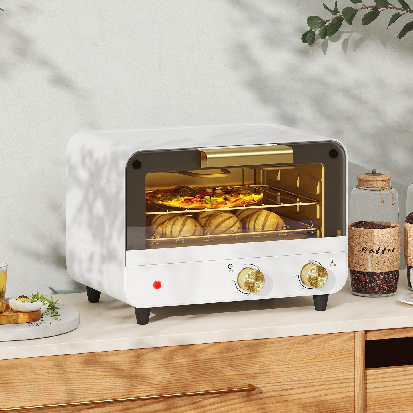 Small Toaster Oven, 12L Mini Countertop Oven with Glass Door, White