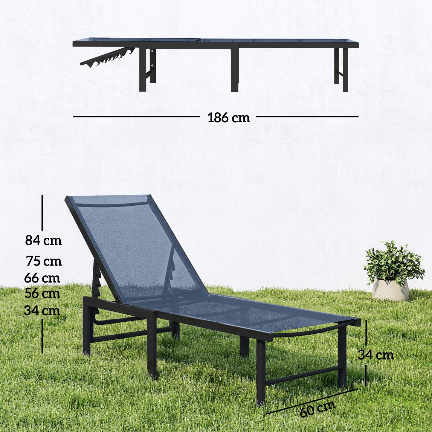 Sun Lounger, 5-Level Reclining Sun Lounger Chair, Dark Blue