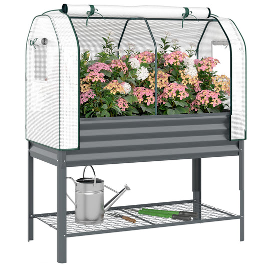 Galvanised Raised Planter with Greenhouse Cover and Bottom Shelf