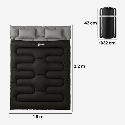 Double Sleeping Bag with 2 Pillows, 220 x 160cm Sleeping Bag Black