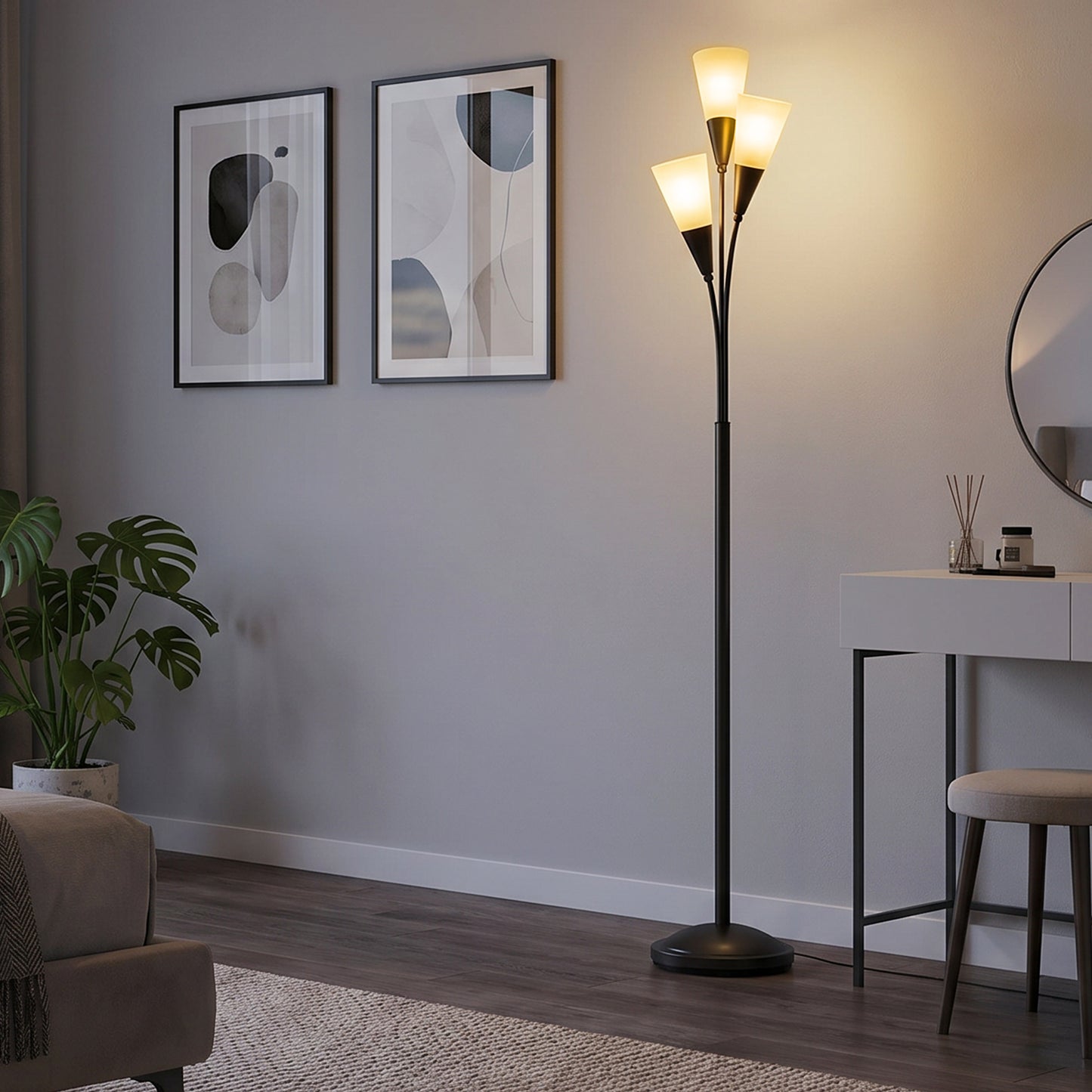 3-Light Upright Floor Lamps for Living Room, Modern Standing Lamp for Bedroom with Steel Base, Bulb not Included, Black