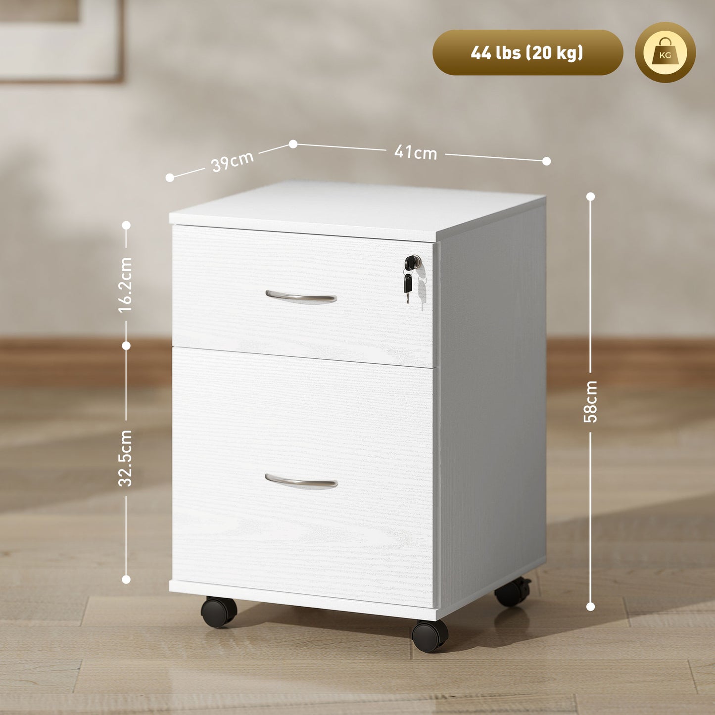 Pedestal Office Mobile Filing Cabinet 2 Drawer White
