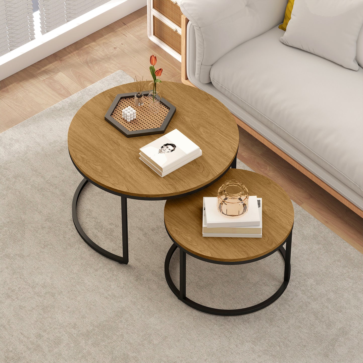 2 Pcs Stacking Coffee Table Set with Steel Frame, Brown Wood Effect