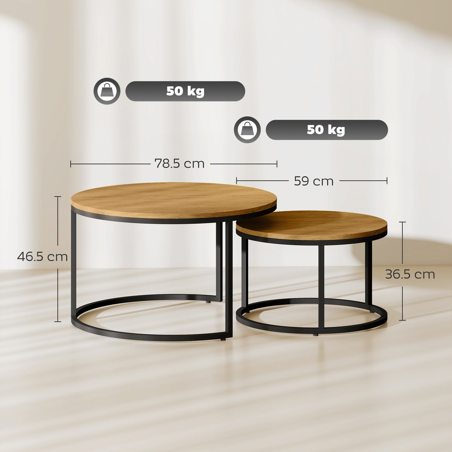 2 Pcs Stacking Coffee Table Set with Steel Frame, Brown Wood Effect