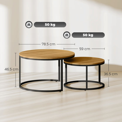 2 Pcs Stacking Coffee Table Set with Steel Frame, Brown Wood Effect