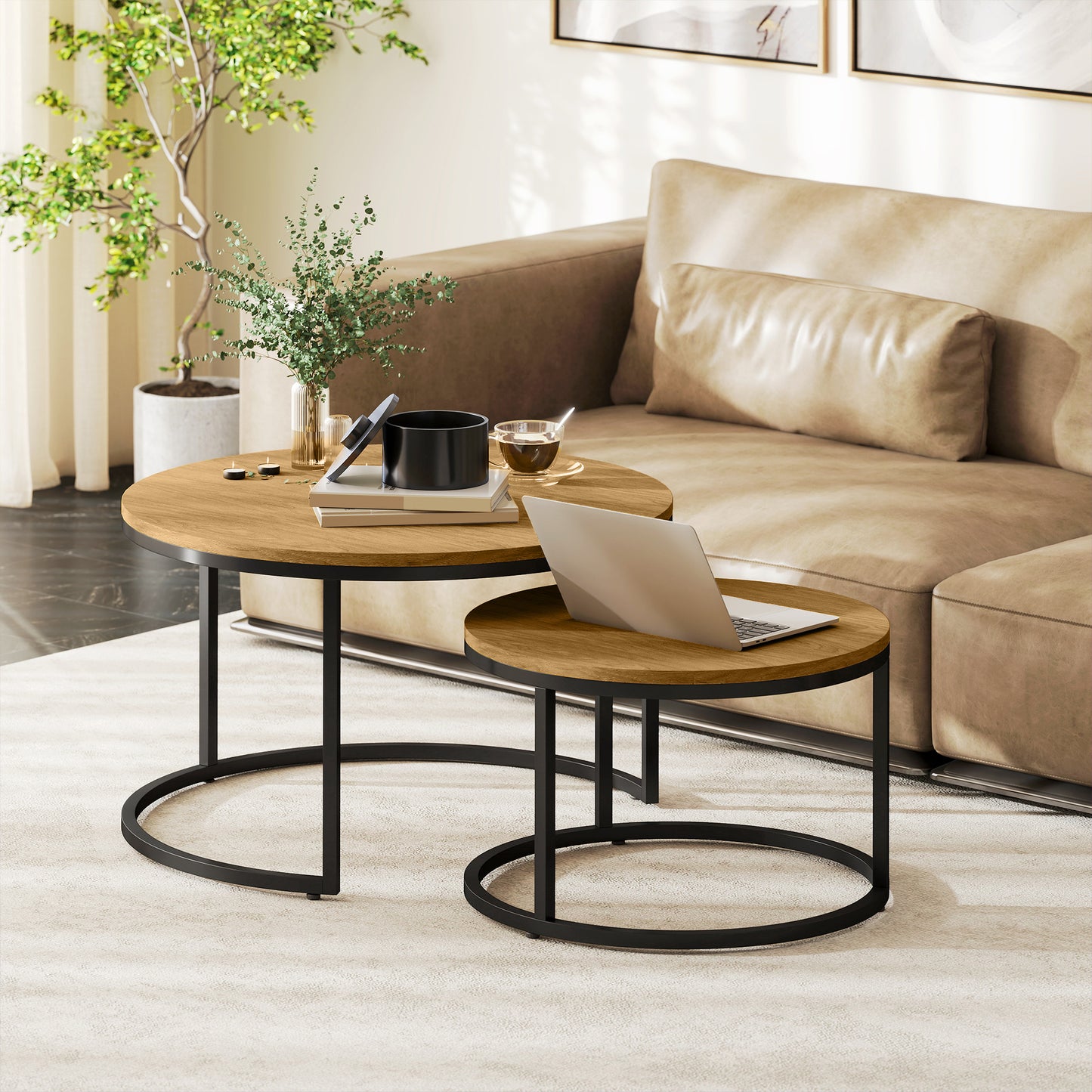 2 Pcs Stacking Coffee Table Set with Steel Frame, Brown Wood Effect
