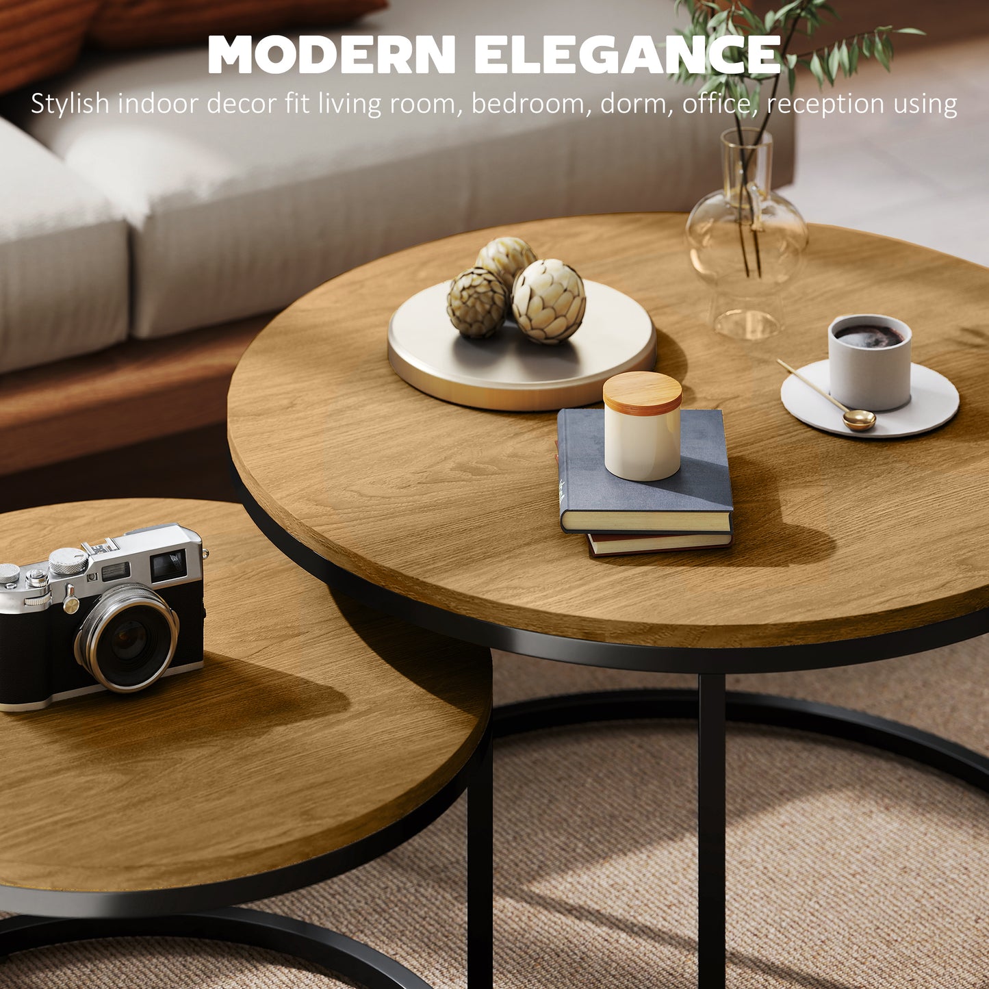 2 Pcs Stacking Coffee Table Set with Steel Frame, Brown Wood Effect