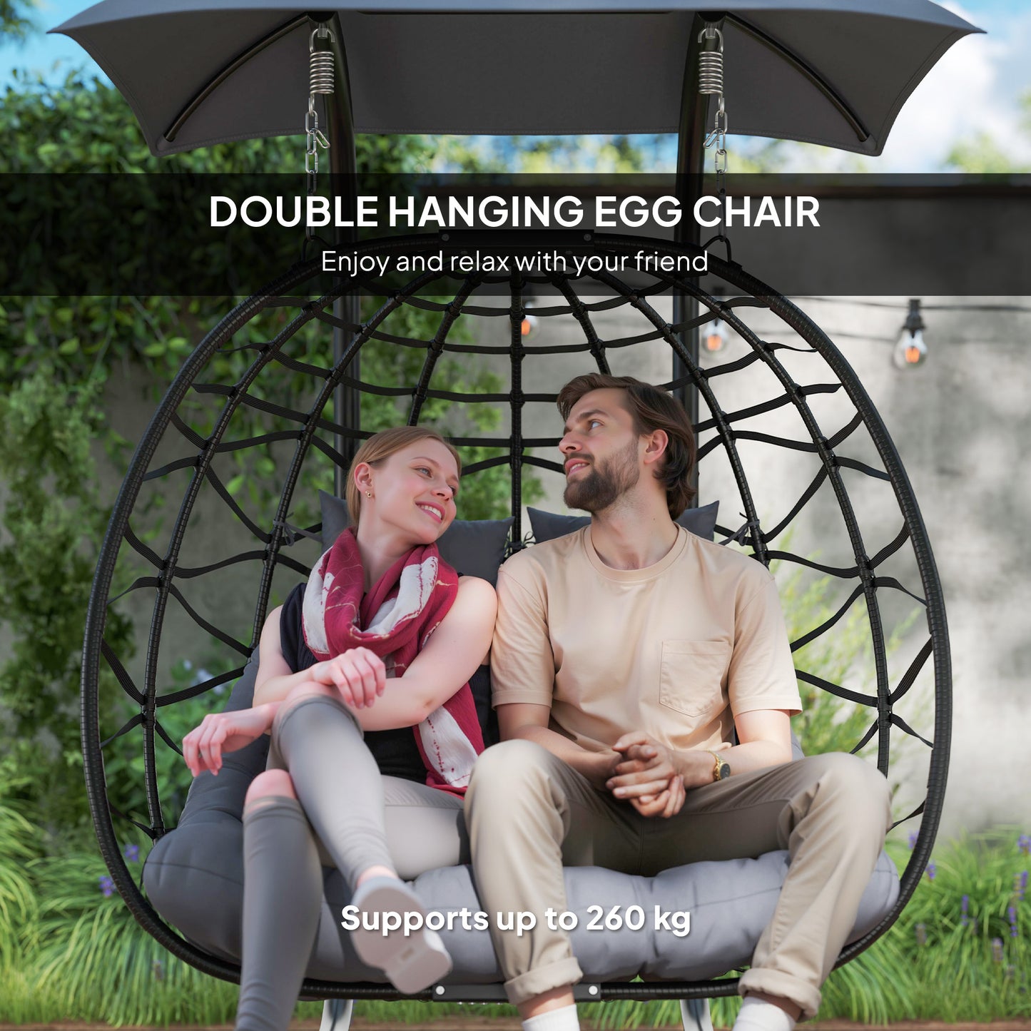 Rattan Double Hanging Egg Chair with Canopy, Cushion, Black