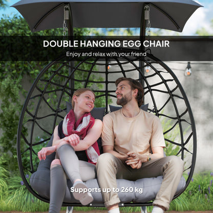Rattan Double Hanging Egg Chair with Canopy, Cushion, Black