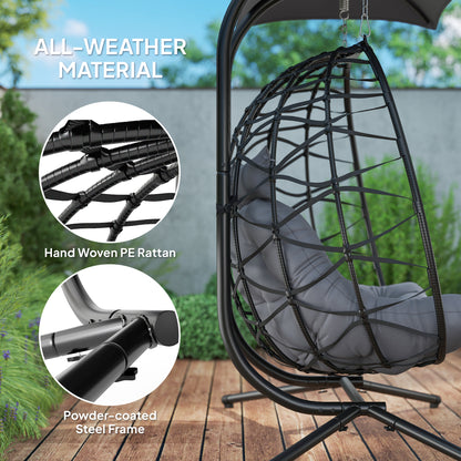 Rattan Double Hanging Egg Chair with Canopy, Cushion, Black