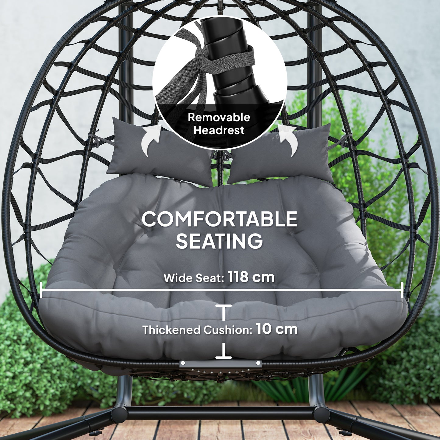 Rattan Double Hanging Egg Chair with Canopy, Cushion, Black