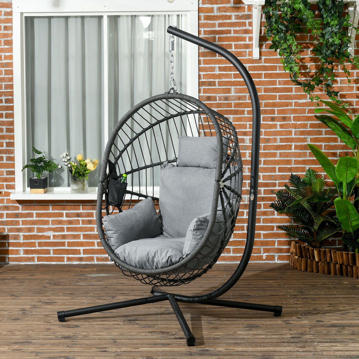 Outdoor Swing Chair with Thick Padded Cushion, Patio Hanging Chair with Metal Stand, Foldable Basket, Cup Holder, Rope Structure
