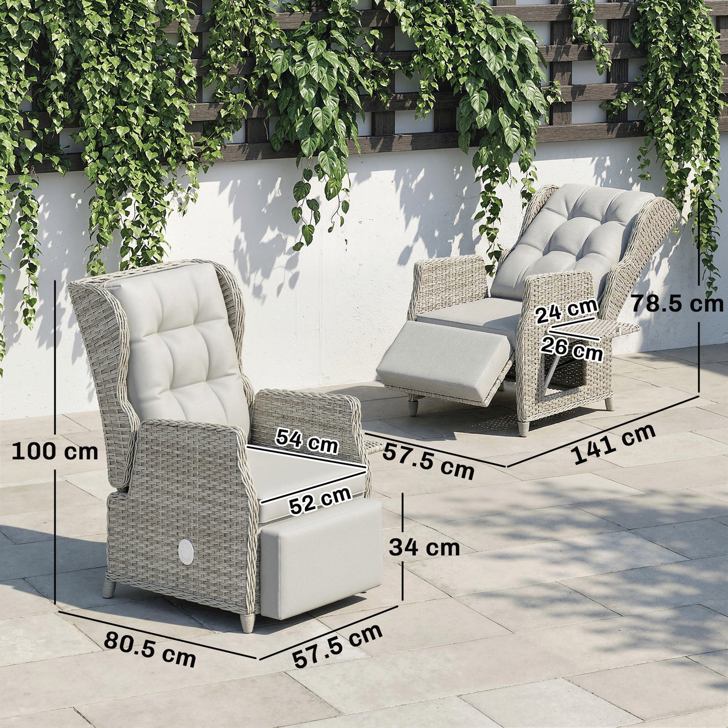 Rattan Garden Recliner Chair with Flip Table, Light Grey