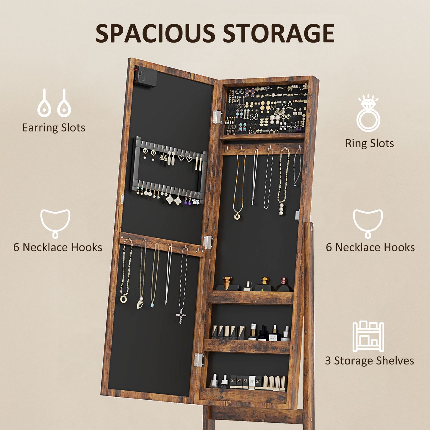 Freestanding LED Mirrored Jewelry Cabinet Rustic Brown