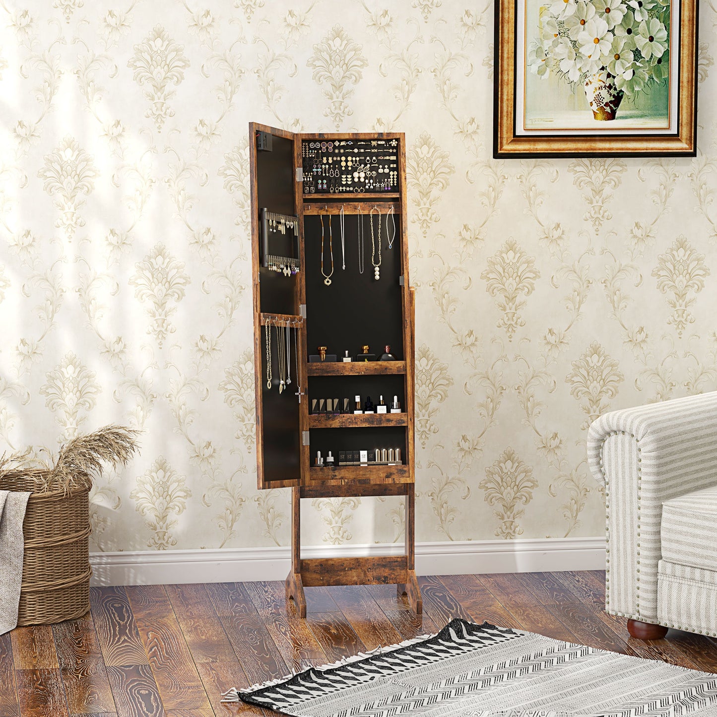 Freestanding LED Mirrored Jewelry Cabinet Rustic Brown