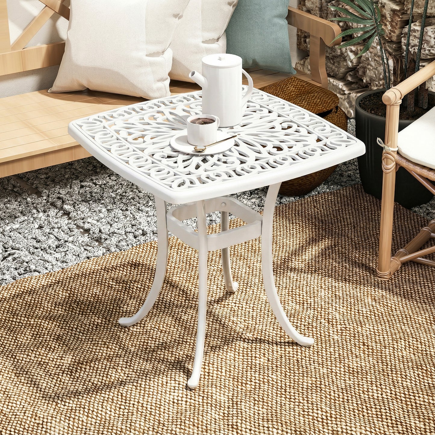 54 x 54cm Aluminium Outdoor Garden Side Table w/ Umbrella Hole, White