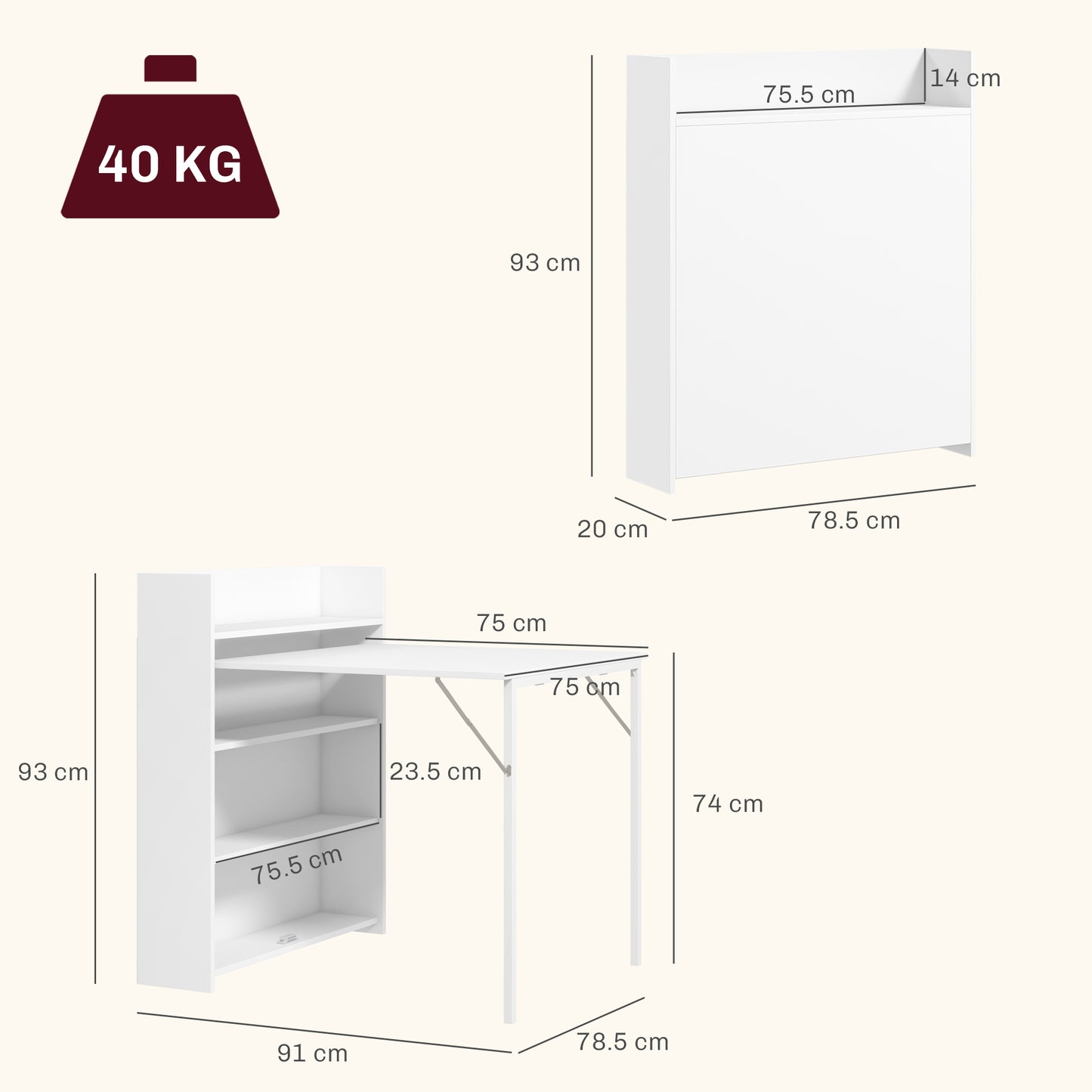 Folding Dining Table, Kitchen Table for 3 People with 4-Tier Shelves, Modern Drop-Leaf Table for Small Spaces, White