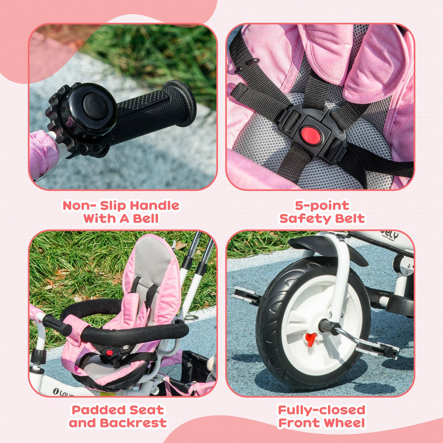 6 in 1 Kids Trike, Stroller with Parent Handle, Pink