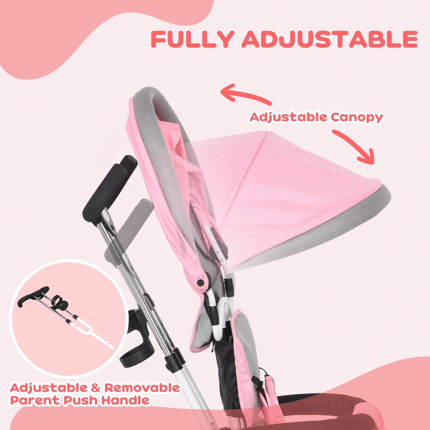 6 in 1 Kids Trike, Stroller with Parent Handle, Pink