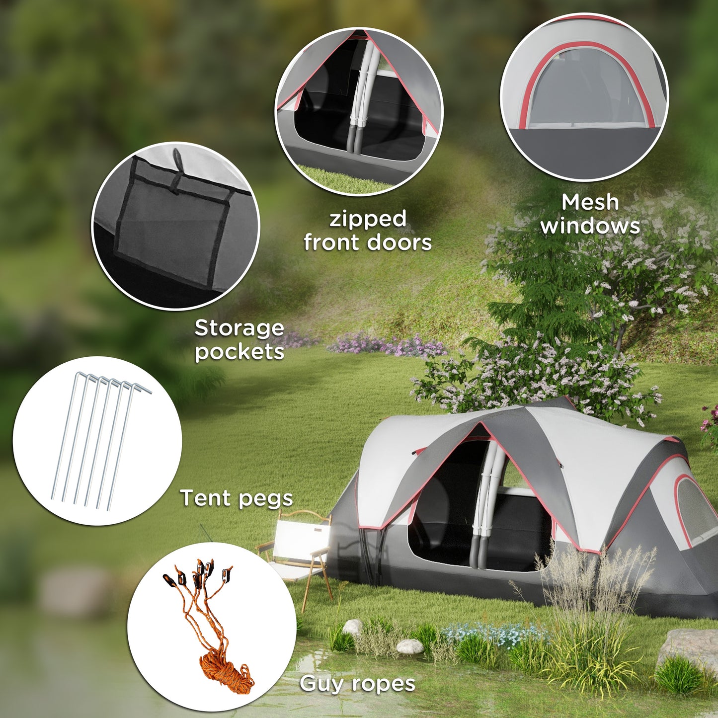 2 Room Camping Tent with Waterproof Rainfly & Screen Panels Grey