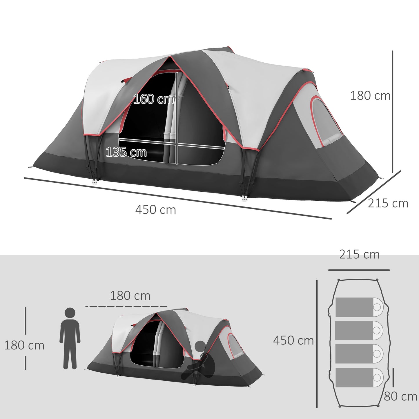 2 Room Camping Tent with Waterproof Rainfly & Screen Panels Grey