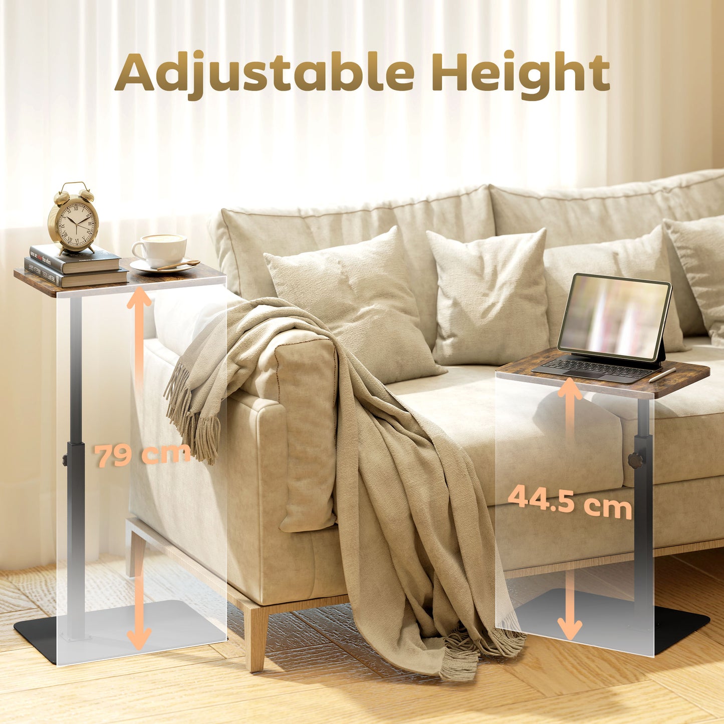 Side Table, C Shaped End Table with Adjustable Height and Metal Base