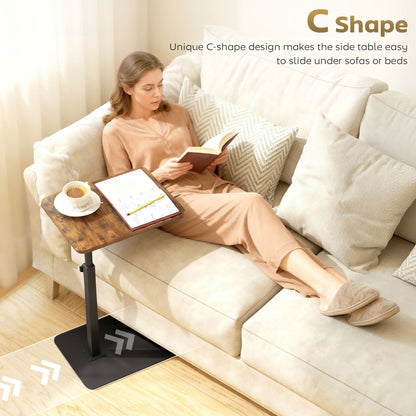 Side Table, C Shaped End Table with Adjustable Height and Metal Base