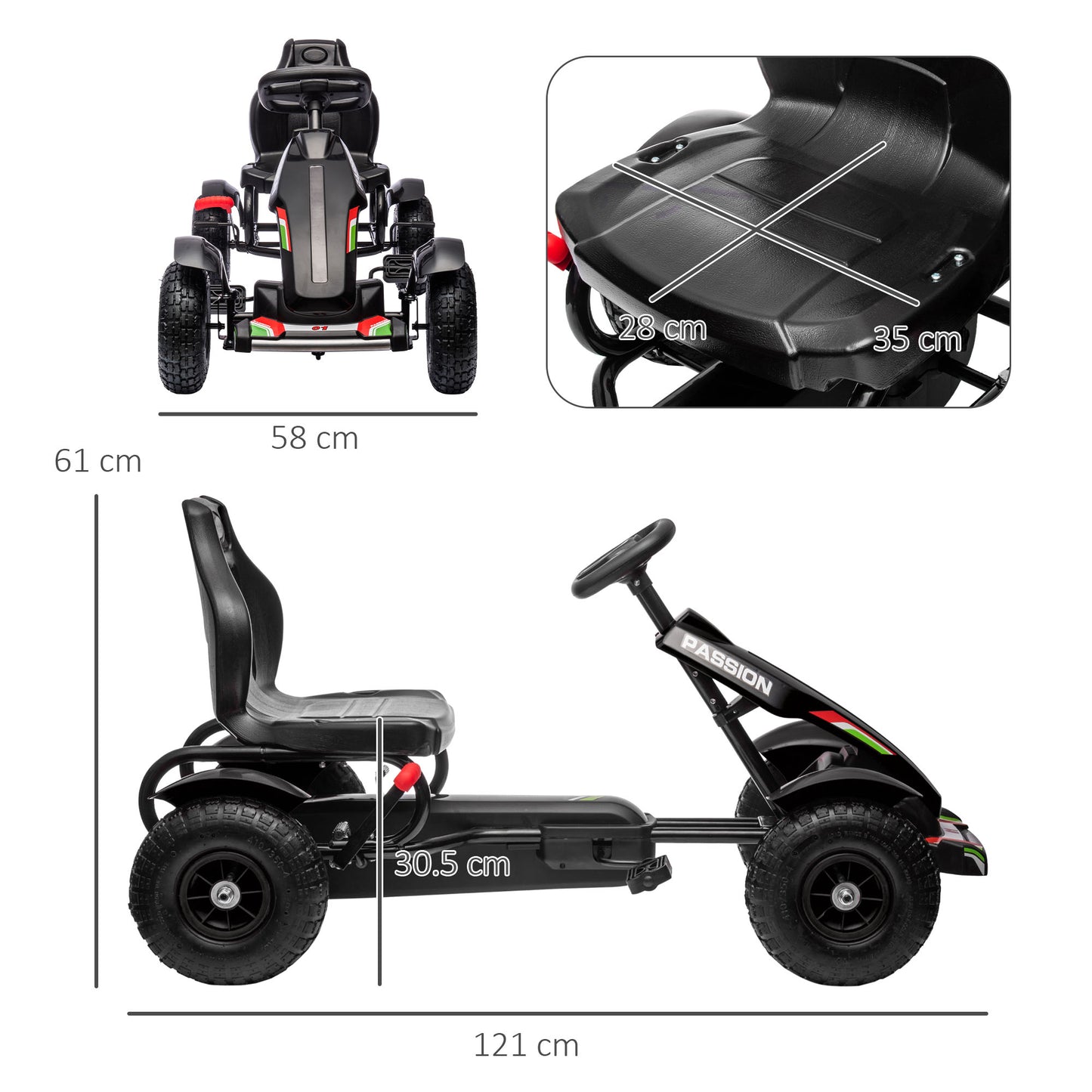 Metal Kids Pedal Go Kart with Adjustable Seat Inflatable Tyres Black