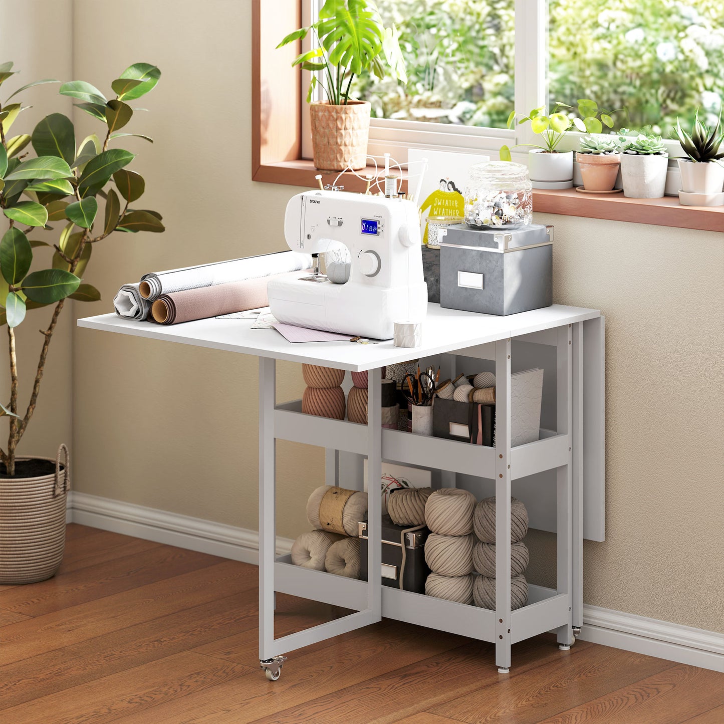 Folding Dining Table, Drop Leaf Table with Open Compartments, White