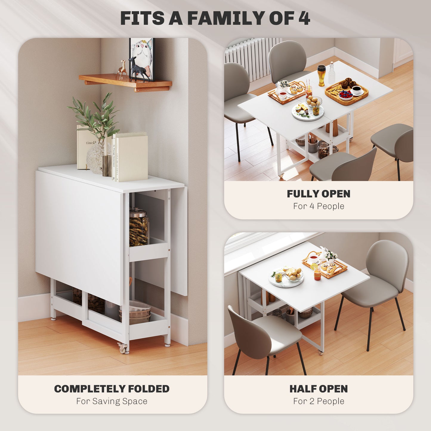 Folding Dining Table, Drop Leaf Table with Open Compartments, White
