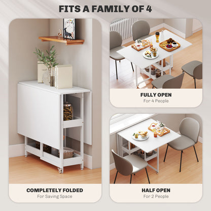Folding Dining Table, Drop Leaf Table with Open Compartments, White
