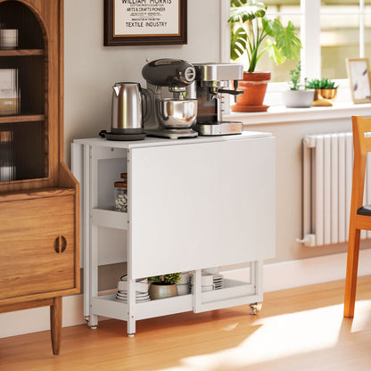 Folding Dining Table, Drop Leaf Table with Open Compartments, White