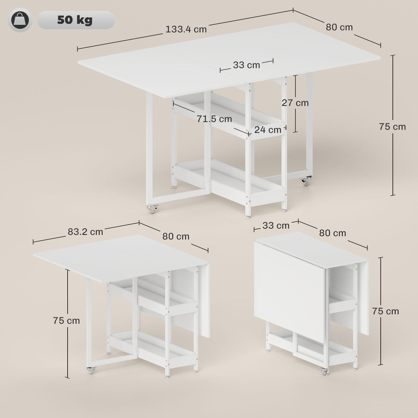 Folding Dining Table, Drop Leaf Table with Open Compartments, White