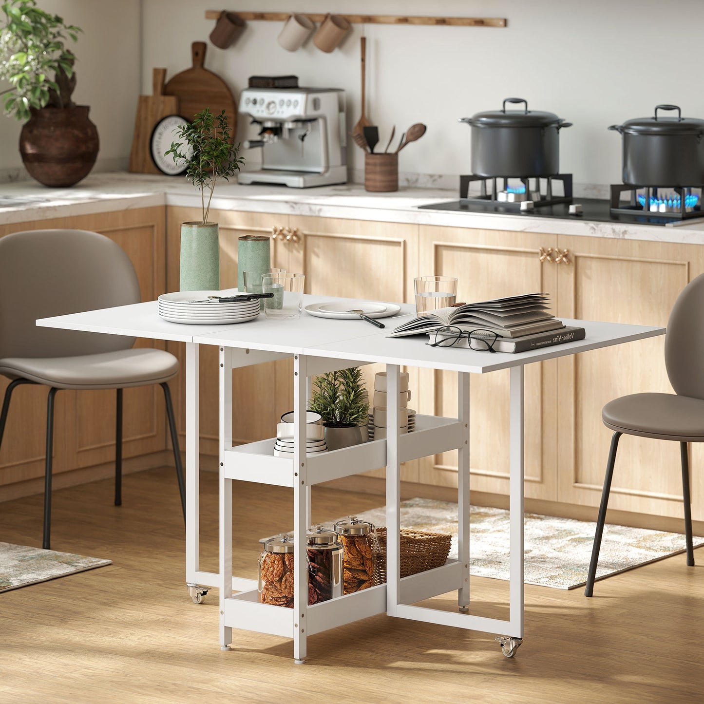 Folding Dining Table, Drop Leaf Table with Open Compartments, White